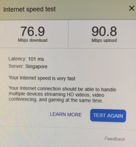 StarHub Internet Speed Test - Indicating High Latency (A Broadband Consumer review on Twitter @StarHubCares)